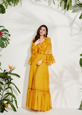 Romantic Ruffle Tiered Organza Dress with Flowing Silhouette and Flared Sleeves for Elegant Occasions